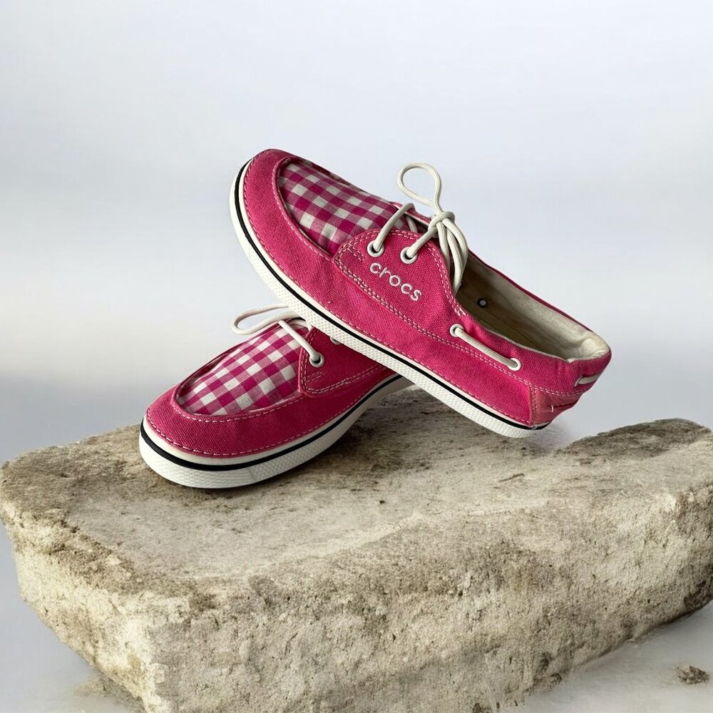 Crocs, Hover Boat Pink Gingham Check, Lace Ups, Size 9, Excellent - Picture 2 of 16